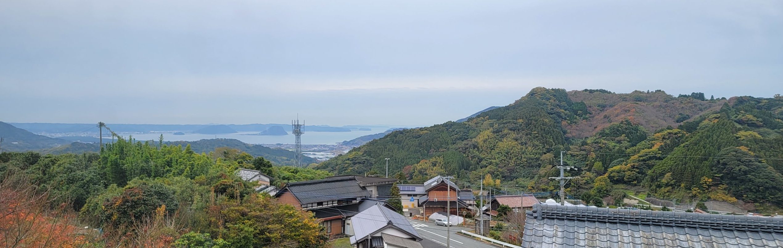 View of the surrounding mountains and sea in the distance